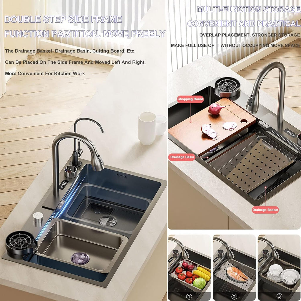 Stainless Steel Kitchen Sink Digital Display Single Bowl Bar Sink Multi-Functional Nano RV Sink with Faucet and Drainage Components (Color : Black, Size : 75x46x22cm) (Black 80x46x22cm)