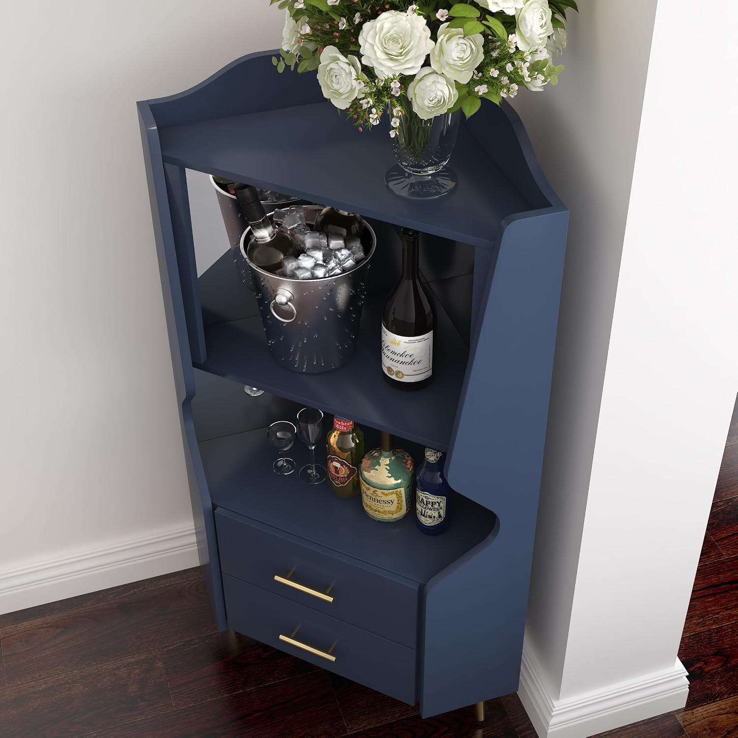 GDFStudio Wooden Corner Shelf Cabinet, Mirrored Back Coffee Bar Cabinets with Drawers & Open Storage, High Feet Corner Wine Rack Liquor Stand Kitchen Storage Cabinet for Living Room Dining Room, Blue