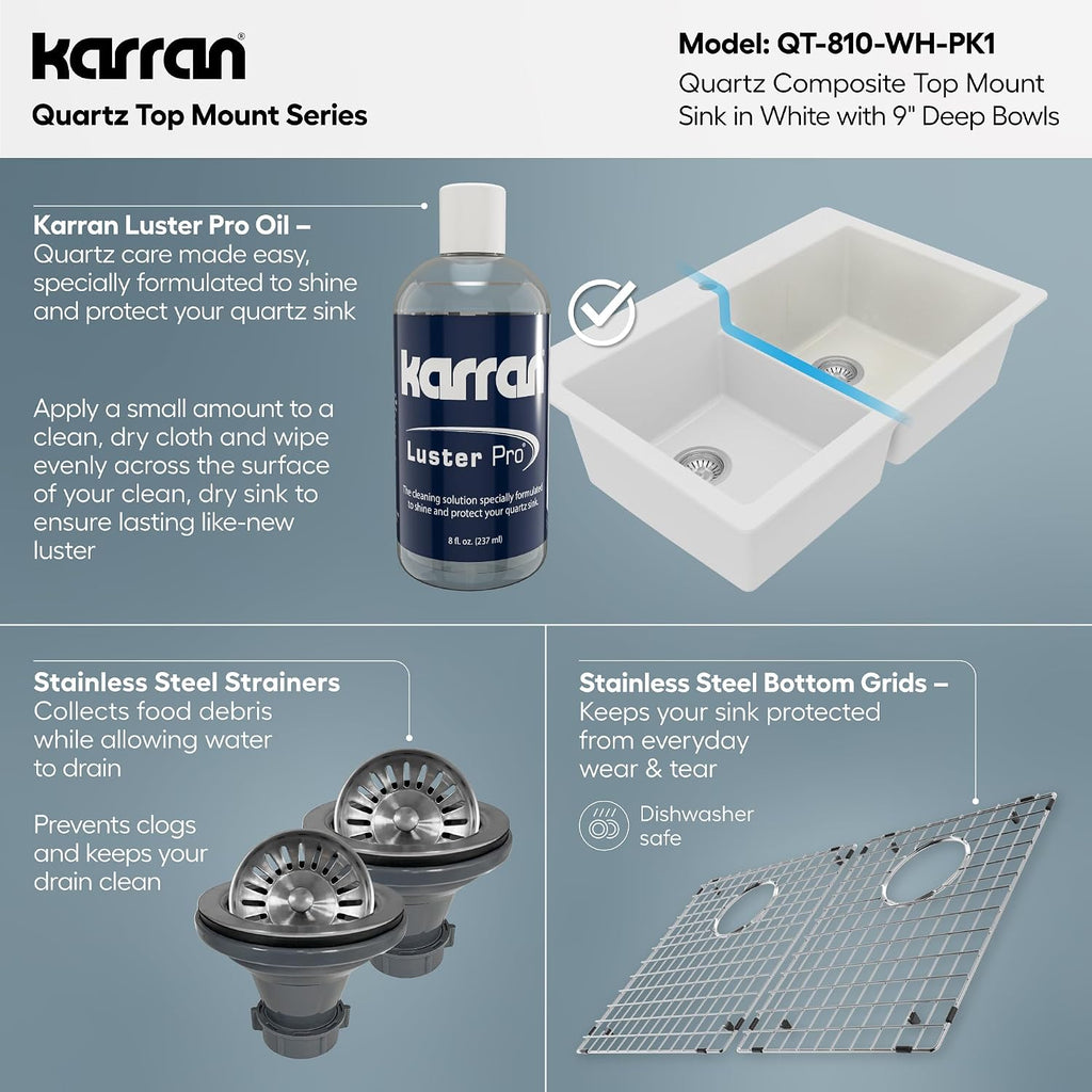 Karran QT-810 33' Top Mount Double Equal Bowl Quartz Kitchen Sink Kit in White