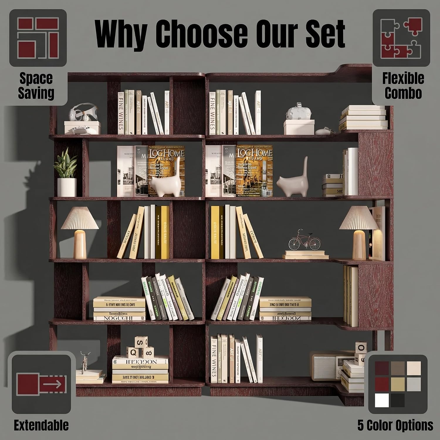 Corner Bookshelf, L Shaped, Set of 2, Ox Blood Red | Modular Geometric Design, Large Storage Display, Freestanding Wooden Unit, For Living Room Home Office