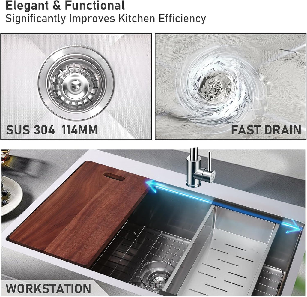 33x22' Drop-in Kitchen Sink Workstation 3D Embossed Surface- 18-Gauge 9' Depth Stainless Steel Single Bowl Top Mount with Accessories