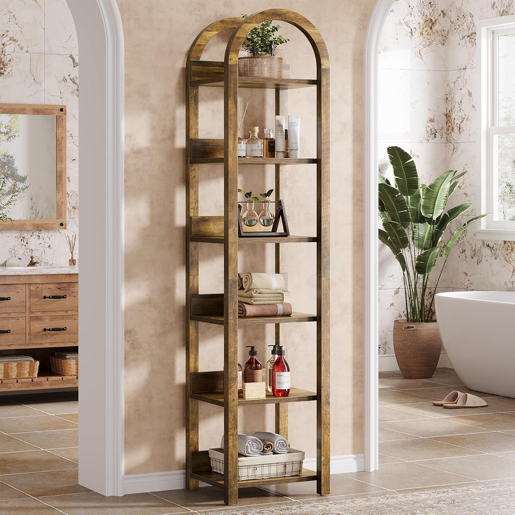 Tribesigns 6-Tier Narrow Bookshelf, 71' Tall Arched Bookcase with Shelves for Small Space, Skinny Wooden Display Shelf Open Storage Rack for Living Room, Home Office, Bathroom, Kitchen, Brown, 2PCS