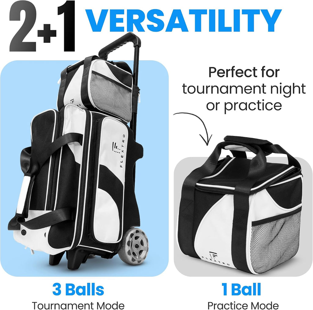 Flextro 3 Ball Bowling Bag with Wheels - Heavy Duty Rolling Bowling Bag for 3 Balls & Shoes - Premium Smooth Rolling System & Reinforced Frame