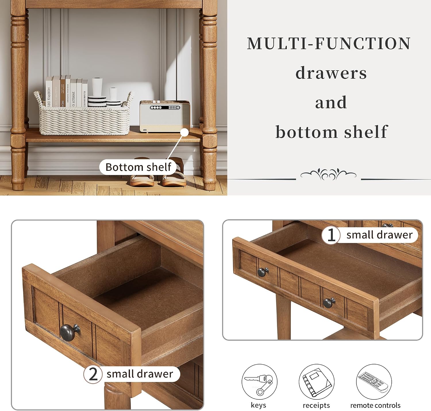 Knocbel Slim Antique Entry Console Table with 3 Drawers & Bottom Open Shelf, Solid Wood Narrow Sofa Couch Table for Entryway Hallway Living Room 23.7' W x 13' D x 31.4' H Natural