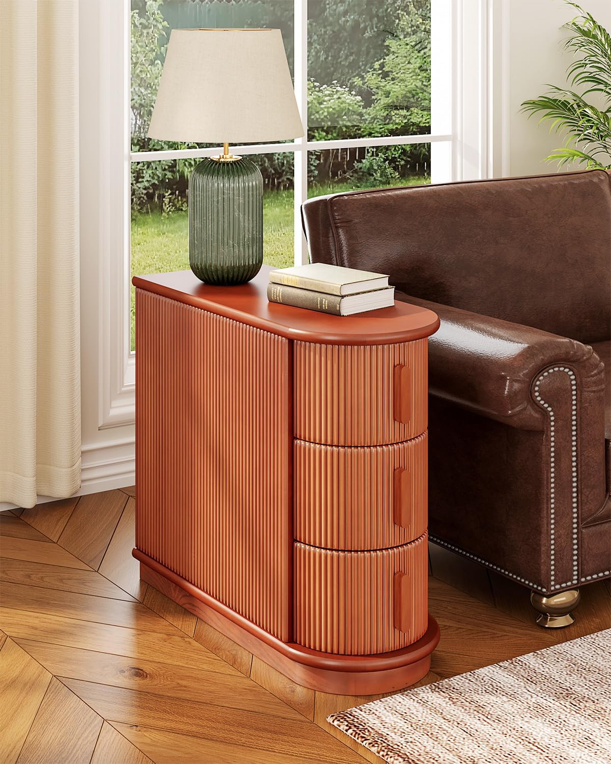 LITTLE TREE End Table with 3 Drawers, No Assembly Required & Closed Back Side Table, Mid-century Modern Sofa Side Table, Brown Side End Table for Living Room, Slim Nightstand Bedside Table for Bedroom