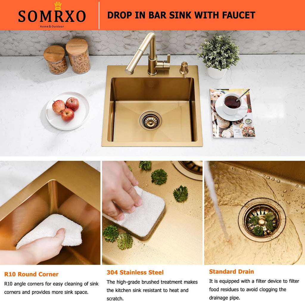 15 Inch Drop In Bar Sink with Faucet Combo | Gold Stainless Steel, Topmount Single Bowl, Durable Modern Design | Small Sink for RV, Bar Prep & Small Kitchens