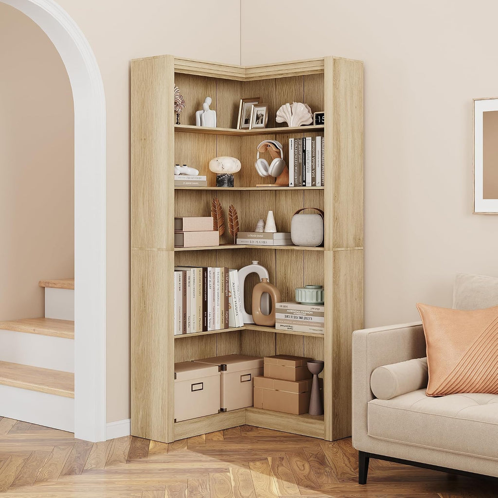 GarveeHome Corner Bookshelf, 71.8 in Farmhouse Corner Bookcase, L-Shaped Bookshelf Large Bookcase, 5 Tier Display Shelf Heavy Duty Bookcases, Bookshelves with Storage (Light Wood)