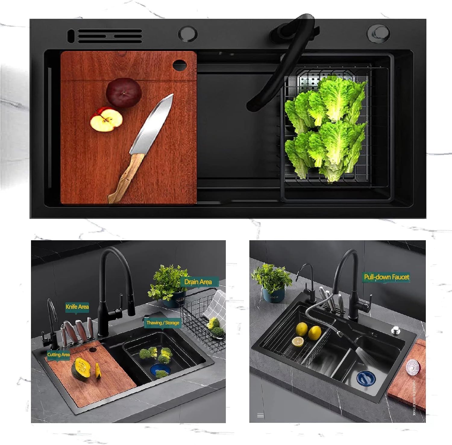 Modular Kitchen Sink Corner Drain, Workstation Sink Undermount, Stainless Steel Sink for Kitchen Offset Drain, Full Set Accessories Single Bowl Kitchen Sinks with Knife Box
