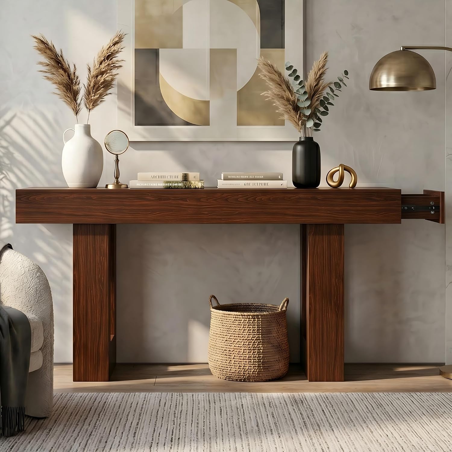 FURSUN 63' Console Table with 2 Drawers, Slim Entryway Table for Hallway, Narrow Sofa Table Behind Couch, Farmhouse Long Wood Accent Table for Foyer & Living Room, Dark Walnut