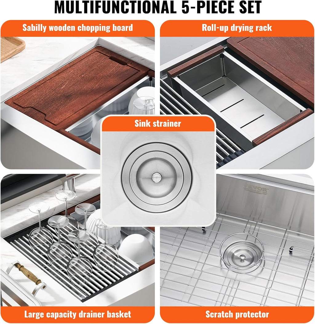 VEVOR Farmhouse Kitchen Sink, 304 Stainless Steel Drop-In Sinks, Top Mount Single Bowl Basin with Ledge & Accessories, Household Dishwasher Sinks for Workstation, Prep Kitchen, and Bar Sink, 30 inch