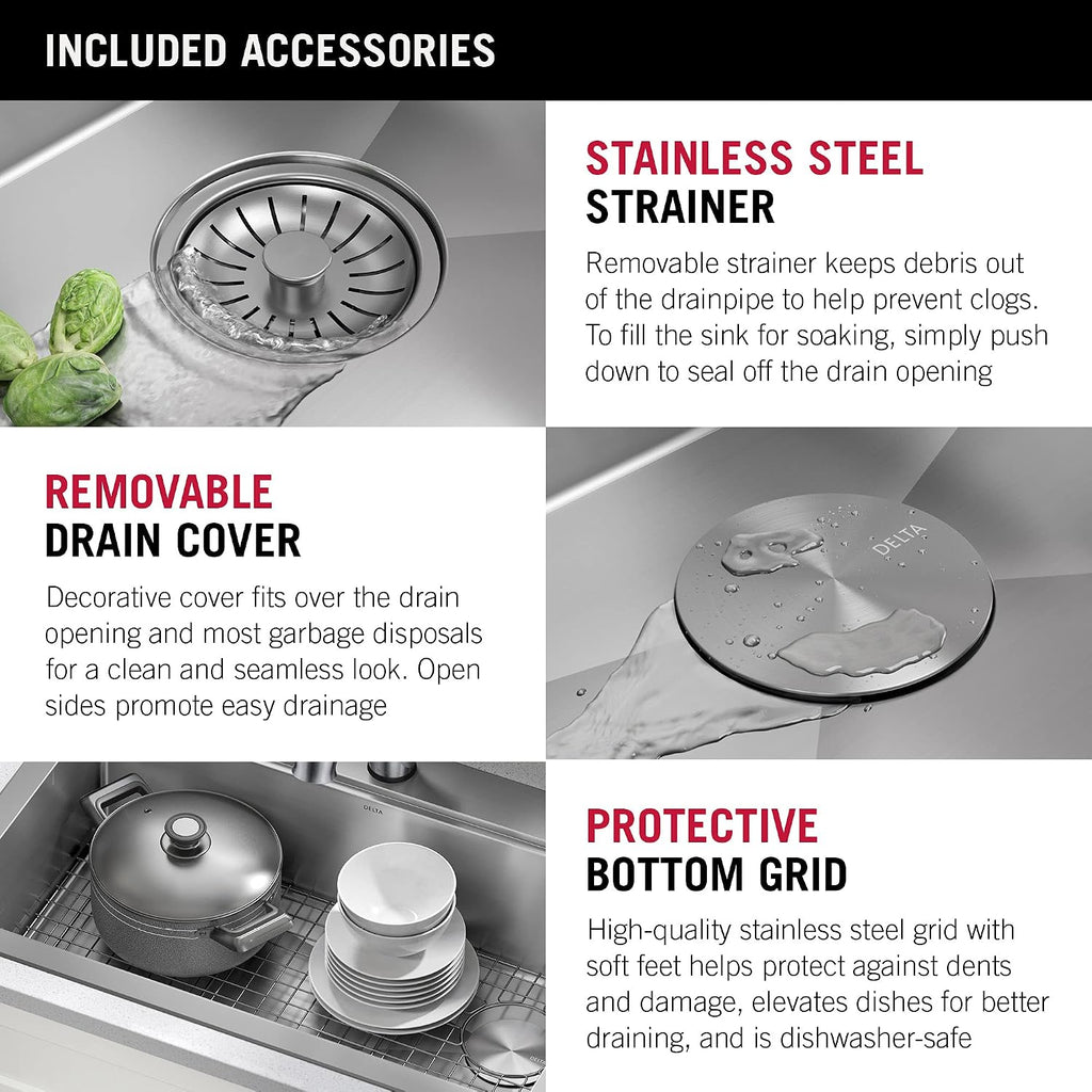 DELTA FAUCET 95A932-25S-SS Lorelai Workstation Kitchen Sink Drop-in Top Mount Stainless Steel Single Bowl with WorkFlow Ledge and Chef's Kit of 5 Accessories