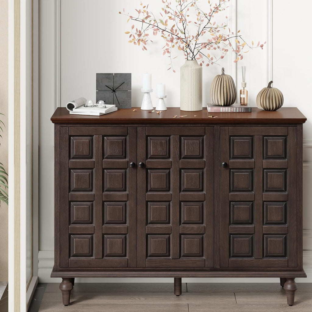 Aoikax Retro 3 Door Storage Cabinet with Plaid Pattern Front, Rustic Side Table for Bedroom, Living Room, Handles, Four Shelves, Pine Wood, Natural Wood, Brown