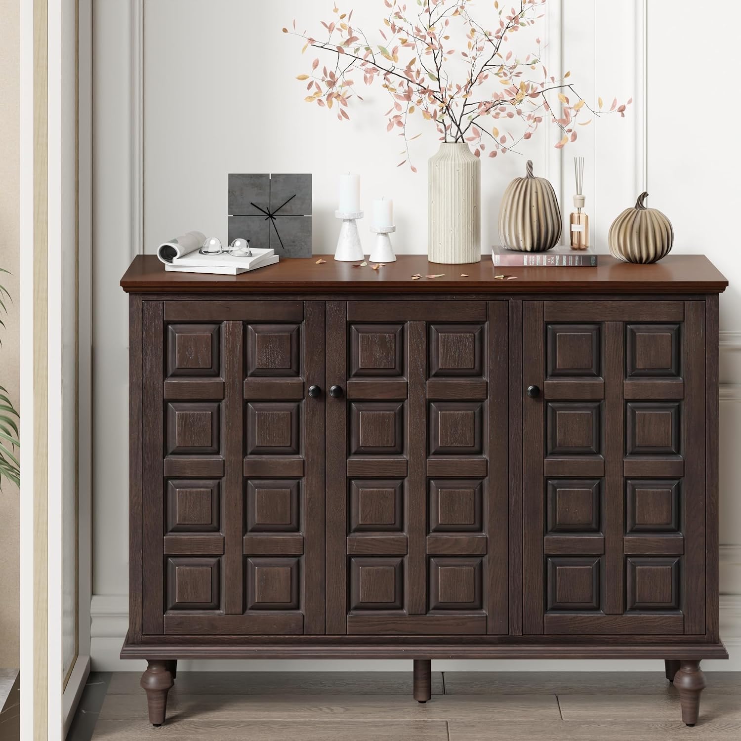Aoikax Retro 3 Door Storage Cabinet with Plaid Pattern Front, Rustic Side Table for Bedroom, Living Room, Handles, Four Shelves, Pine Wood, Natural Wood, Brown