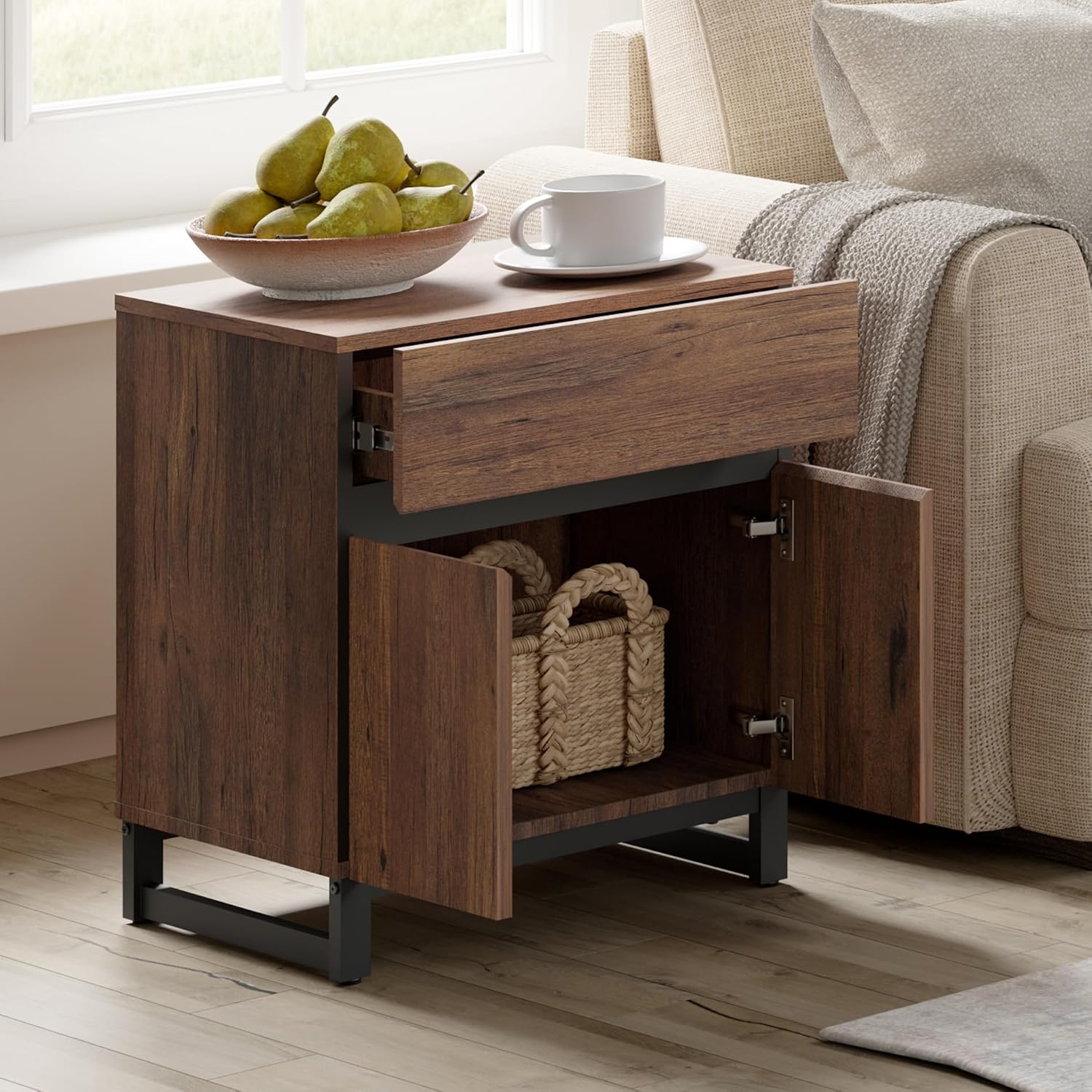 WAMPAT 2 Piece Modern End Table with 1 Drawer & 1 Storage Cabinet, Farmhouse Sofa Table, Wooden Rustic Side Sofa Table with Metal Leg for Living Room, Nighstand for Bedroom, Brown