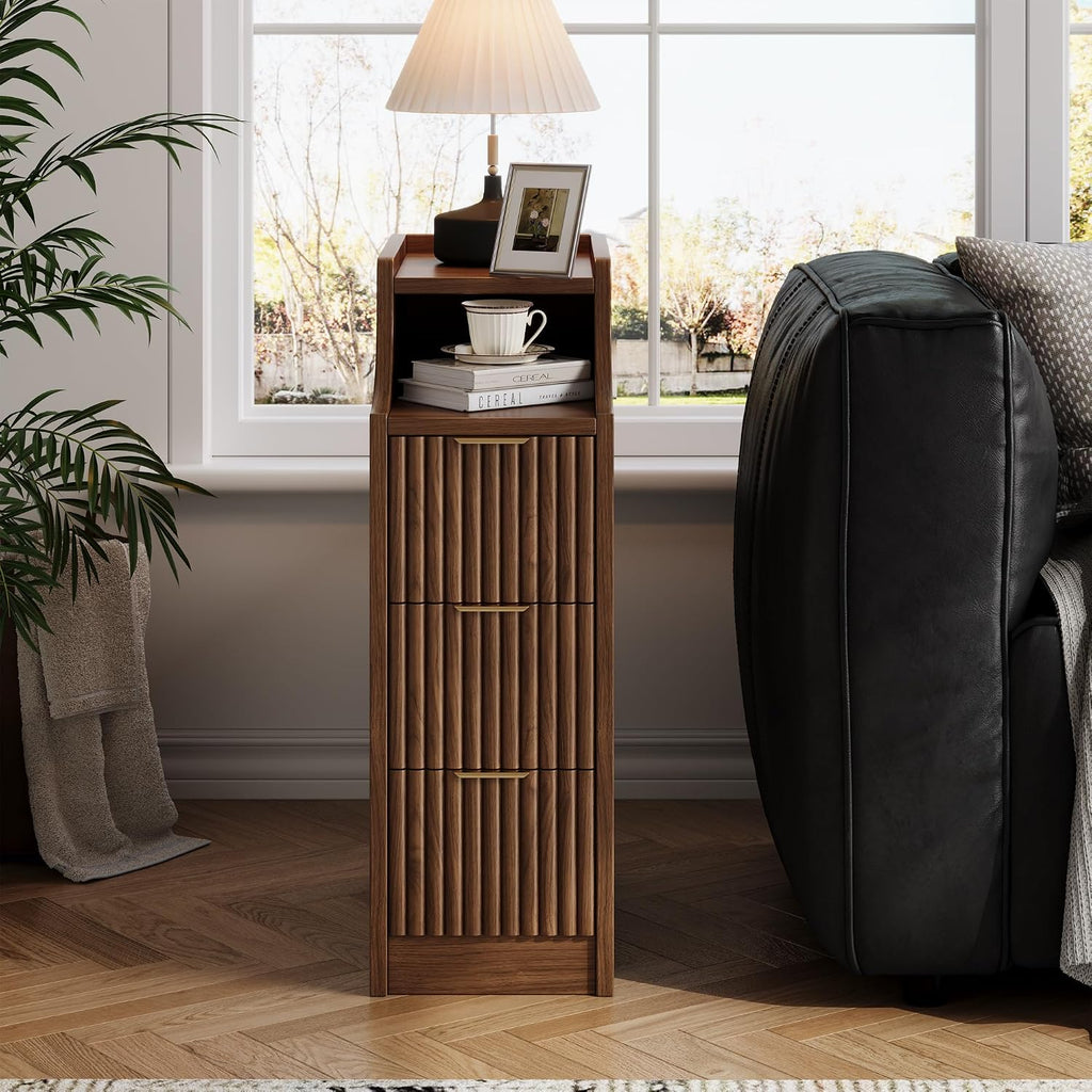 7.9' W Narrow Fluted Nightstand Set of 2,Slim Side End Table with 3 Drawers,Modern Bedside Table,Skinny Night Stand for Bedroom, Livingroom,Small Space