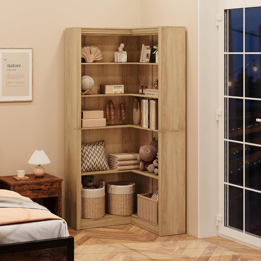 GarveeHome Corner Bookshelf, 71.8 in Farmhouse Corner Bookcase, L-Shaped Bookshelf Large Bookcase, 5 Tier Display Shelf Heavy Duty Bookcases, Bookshelves with Storage (Light Wood)