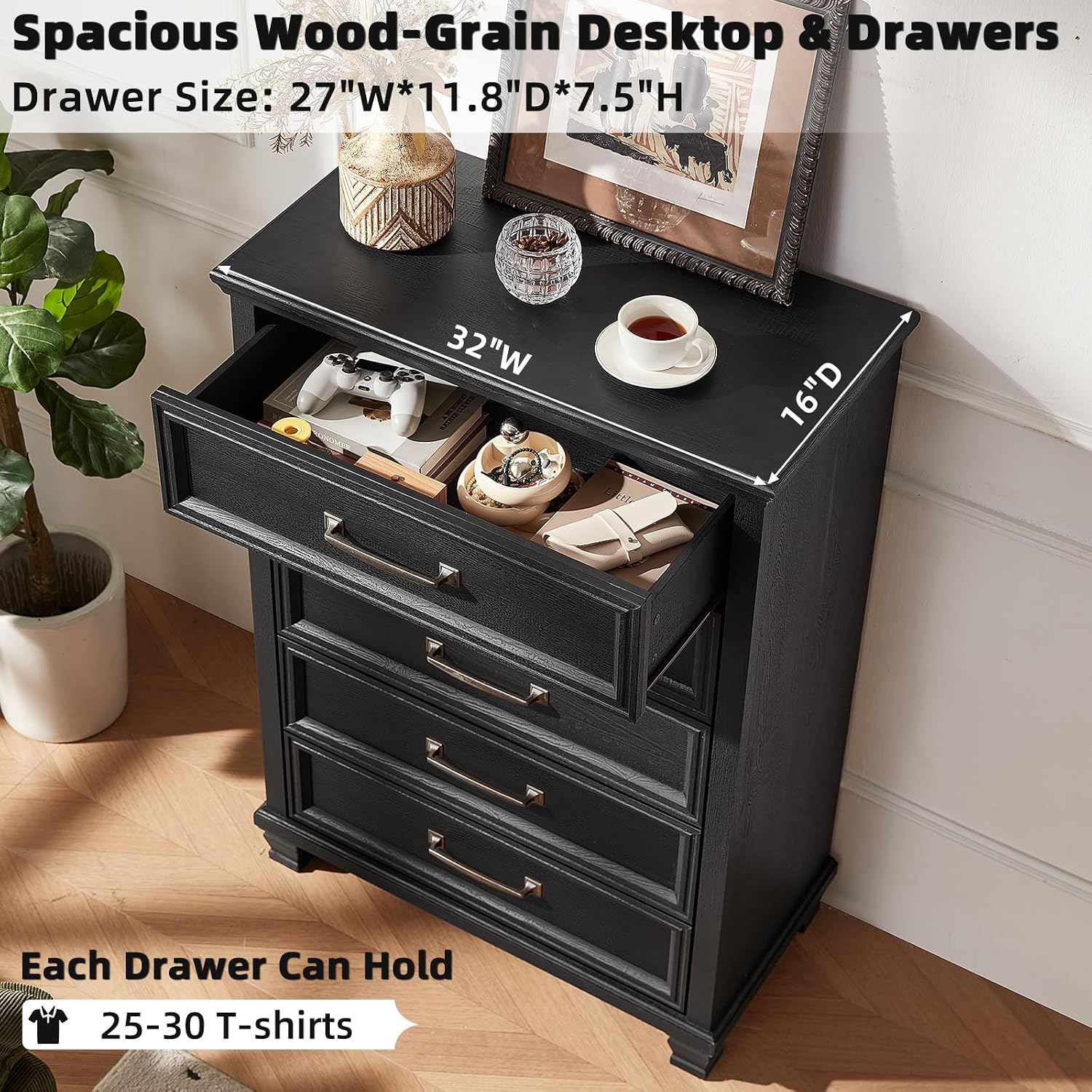 SAVOR LIFE Farmhouse Chest of Drawers for Bedroom, 45' Tall Dresser for Closet, Rustic Wood Dressers for Bedroom, Hallway, Entryway, Black