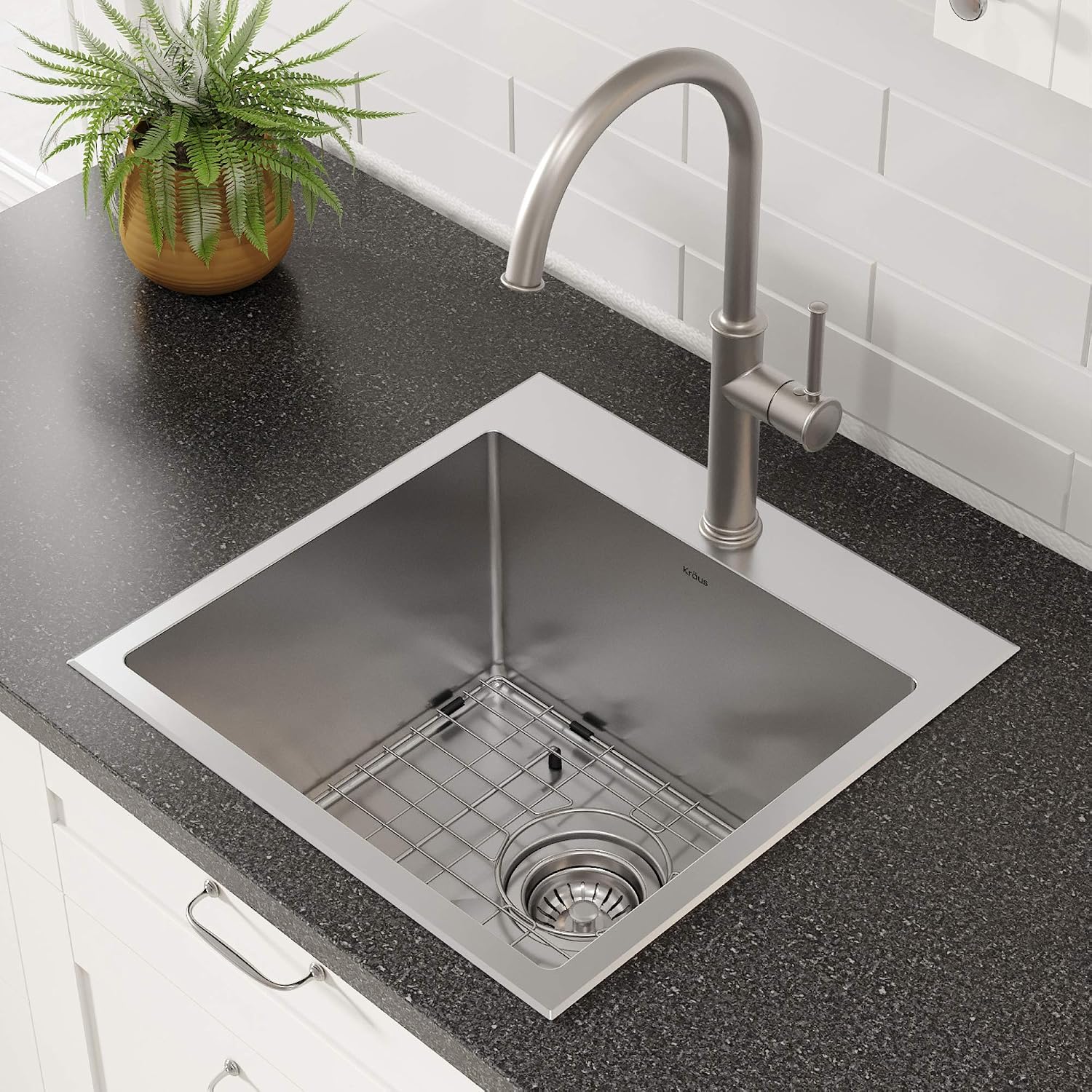 KRAUS 18 x 18 inch Standart PRO™ Drop-In Top Mount 16 Gauge Single Bowl 1-Hole Stainless Steel Kitchen Sink Set (5 Item Bundle: Sink, Bottom Grid, Drain Assembly, Drain Cap, Kitchen Towel), KHT301-18