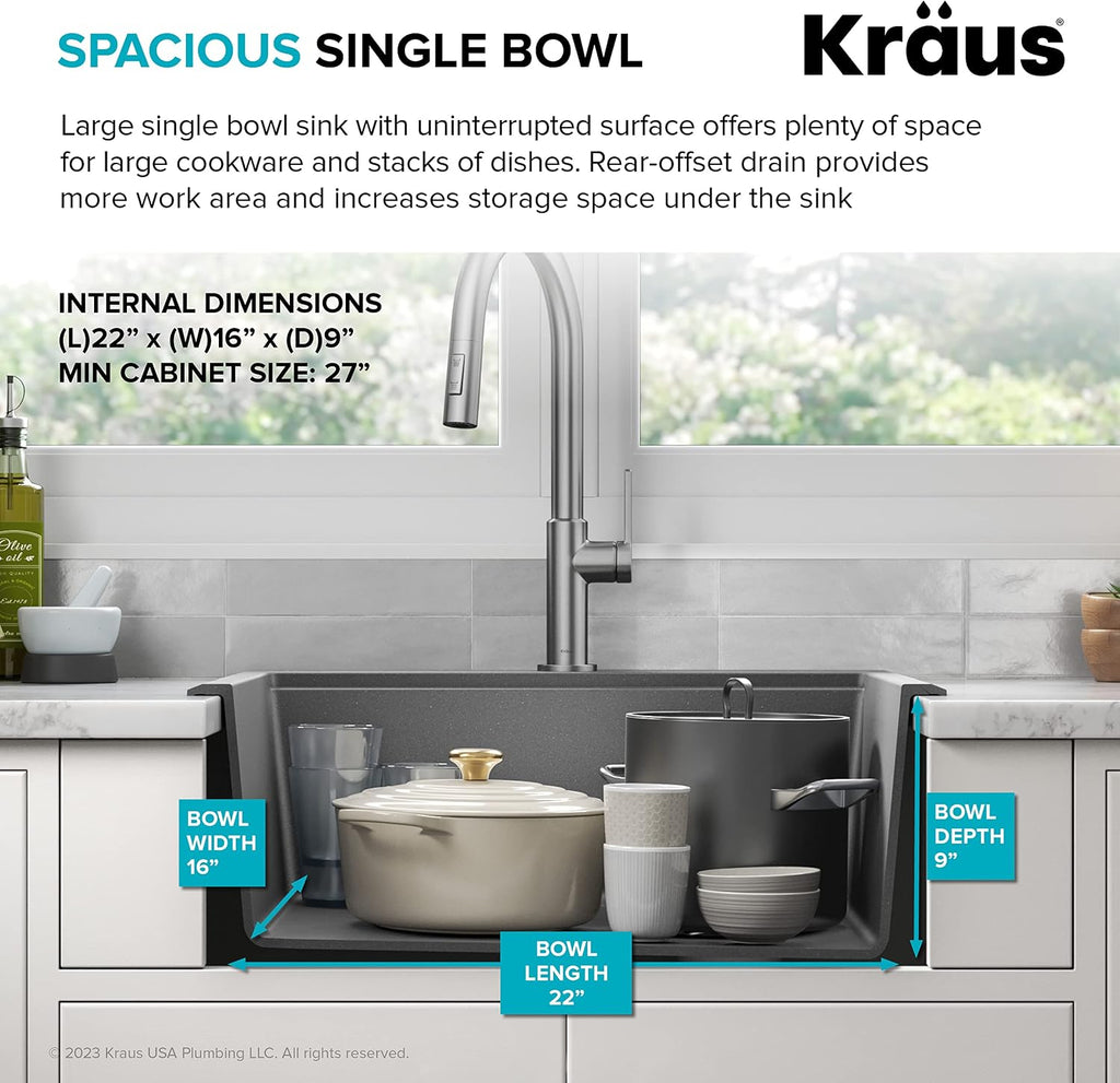 KRAUS Bellucci 25-inch Granite Workstation Drop In Top Mount Single Bowl Kitchen Sink in Metallic Black with Accessories, KGTW12-25MBL