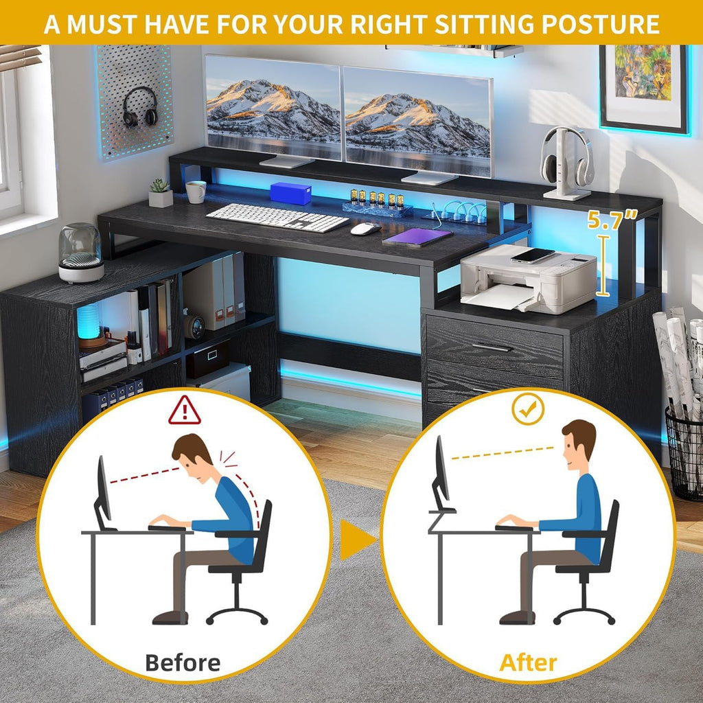 DWVO L Shaped Desk with Drawers, 65' Computer Desk with Power Outlets & LED Lights, Corner Home Office Desk with Storage Shelves & Printer Stand, Black
