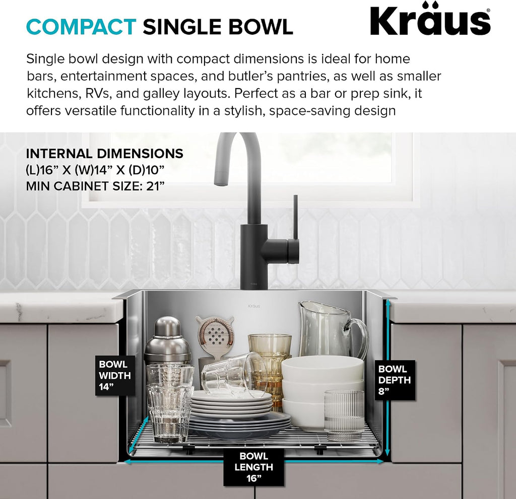 KRAUS 18 x 18 inch Standart PRO™ Drop-In Top Mount 16 Gauge Single Bowl 1-Hole Stainless Steel Kitchen Sink Set (5 Item Bundle: Sink, Bottom Grid, Drain Assembly, Drain Cap, Kitchen Towel), KHT301-18