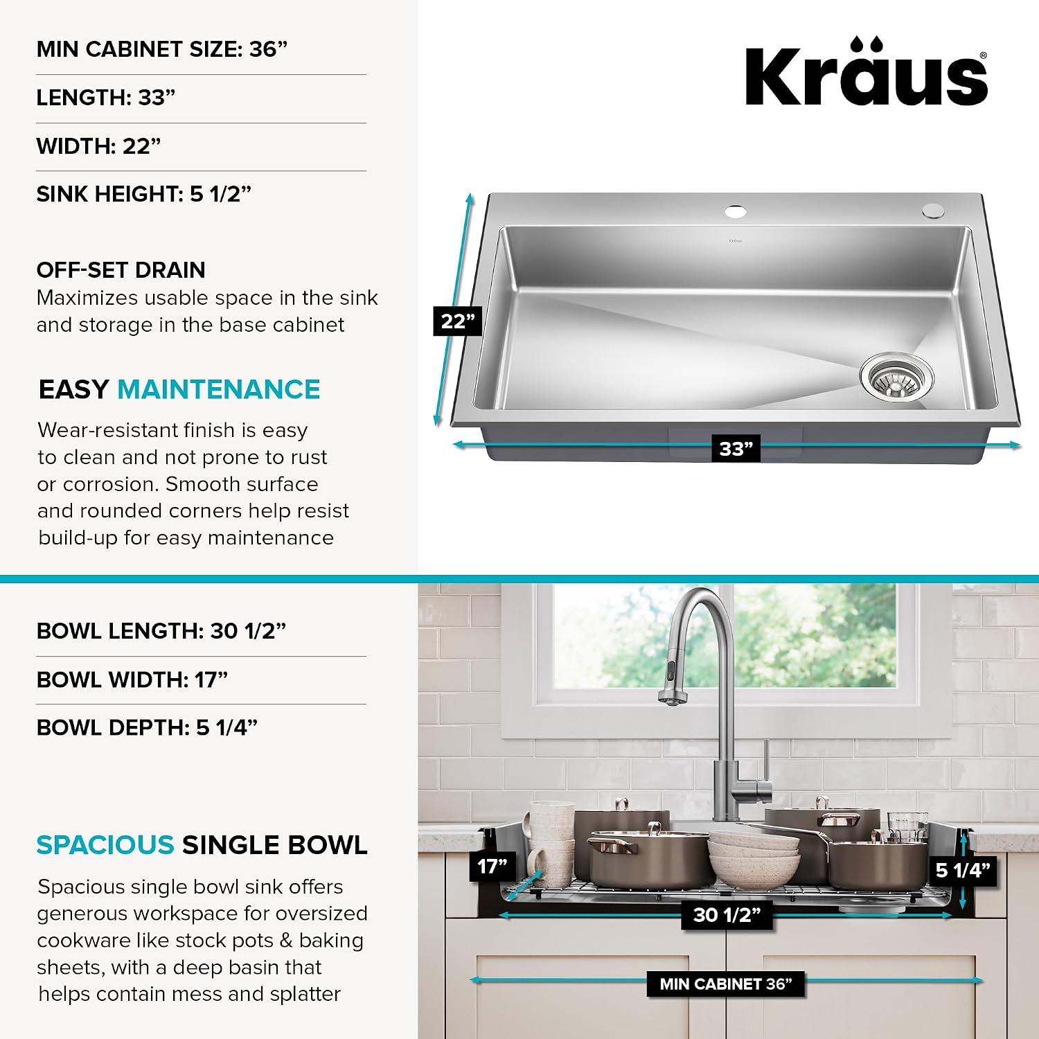 KRAUS Fairlane 33-inch ADA Compliant Drop In/Top Mount Single Bowl 18-Gauge Stainless Steel Kitchen Sink, KHT640-33-5.5
