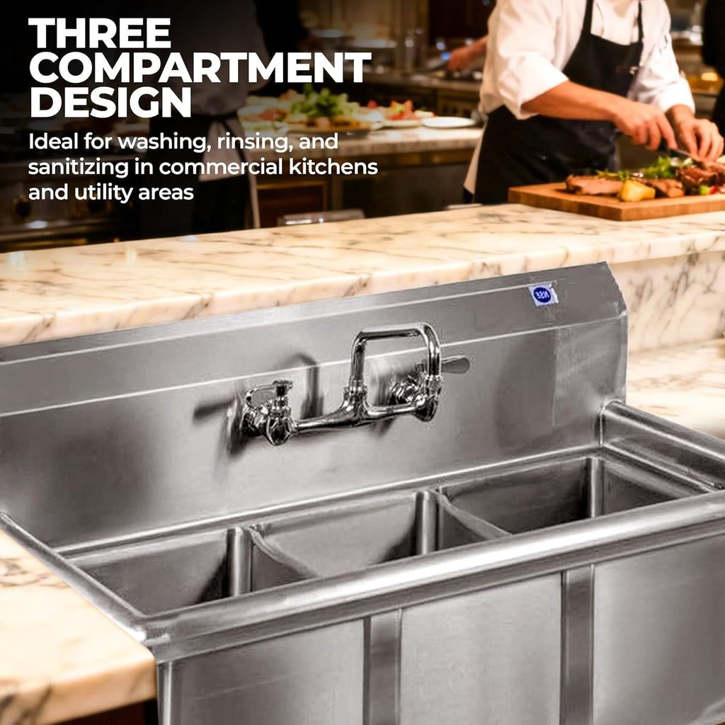 3 Compartment Stainless Steel Commercial Kitchen Sink – 59' Long | Bowl Size 18' x 18' x 12' | NSF Certified | Prep & Utility Sink