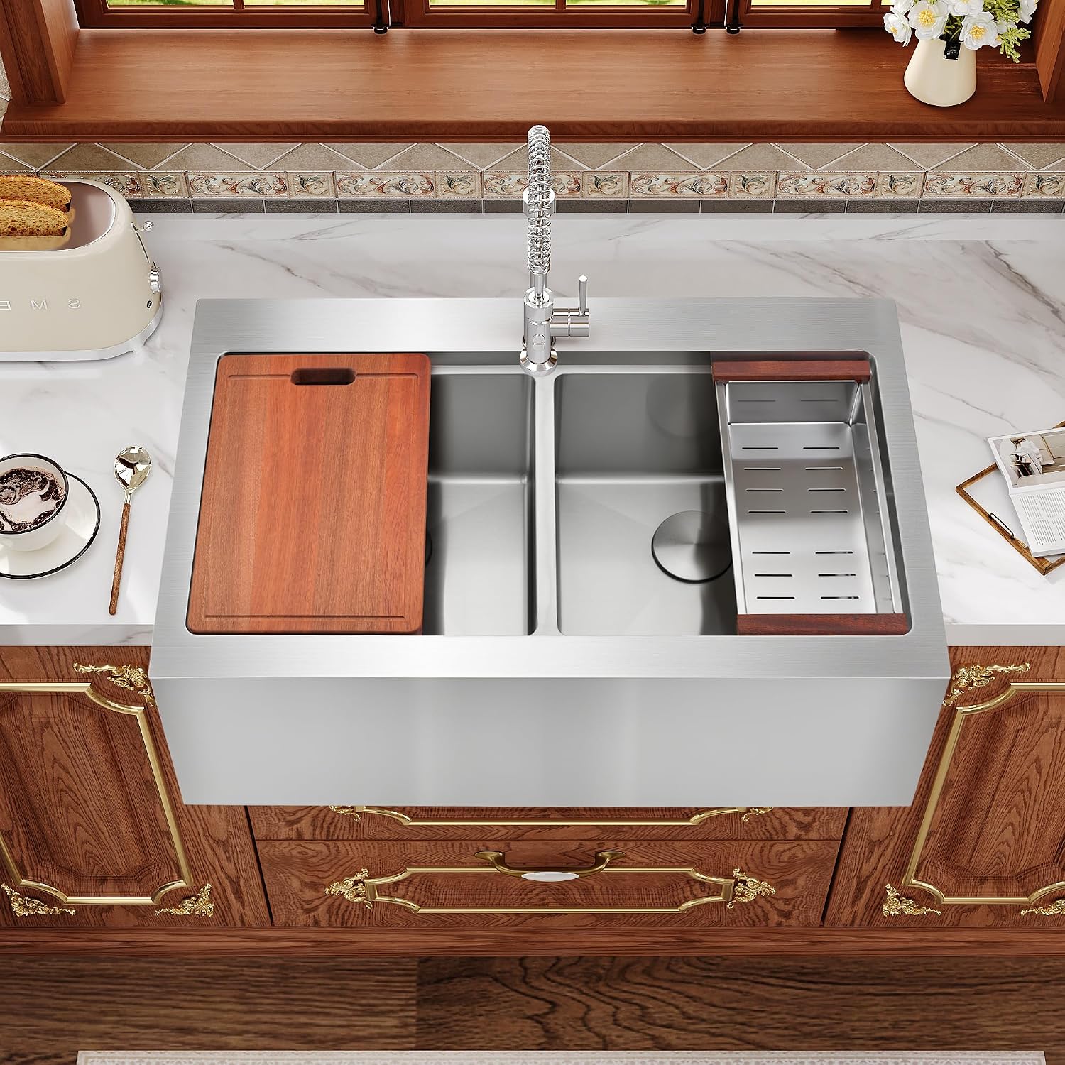 Rhbamoa Double Farmhouse Sink 36 Inch,16-Gauge T304 Stainless Steel Drop In Farm Sink,50/50 Topmount Double Bowl Apron Front Farm Sinks,10 Inch Deep Workstation Sinks with All Accessories