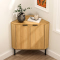 EYYTHUNG Fluted Corner Cabinet, Modern Small Corner Floor Cabinet with 2 Doors and 2-Tier Shelves, Freestanding Narrow Organizer for Living Room Kitchen Bathroom, Natural Oak