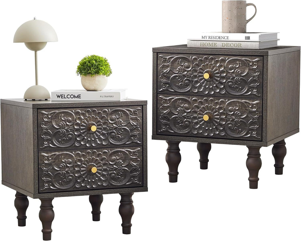 Nightstand, Farmhouse Bedside Table with 2 Drawers and Metal Handles, Wood Sofa Side End Table Accent Dresser for Bedroom, Living Room (Black Brown-2 Packs) (15.75 x 16.02 x 18.15 Inch)