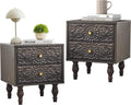 Nightstand, Farmhouse Bedside Table with 2 Drawers and Metal Handles, Wood Sofa Side End Table Accent Dresser for Bedroom, Living Room (Black Brown-2 Packs) (15.75 x 16.02 x 18.15 Inch)