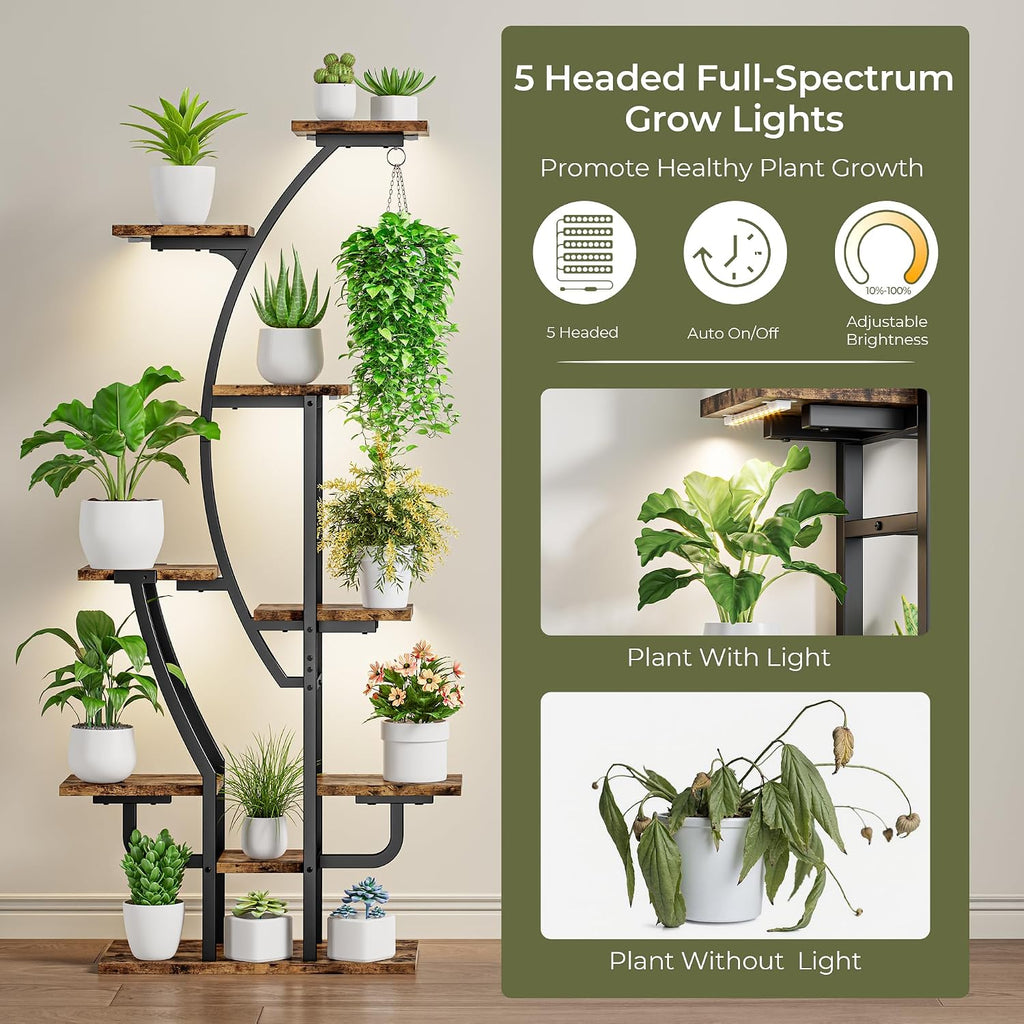 IRONCK Plant Stand Indoor with Grow Lights, 9 Tiered Indoor Plant Shelf, 62' Corner Plant Stands for Indoor Plants, Metal Plant Flower Display Shelves, Moon-Shaped Plant Rack for Home, Patio, Black