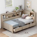 Merax Twin Size Daybed Frame with Storage Drawers and Shelves, Wood Twin Daybed with Headboard for Kids Teens, L-Shaped Corner Bed Twin Size for Guestroom Living Room, Apricot White