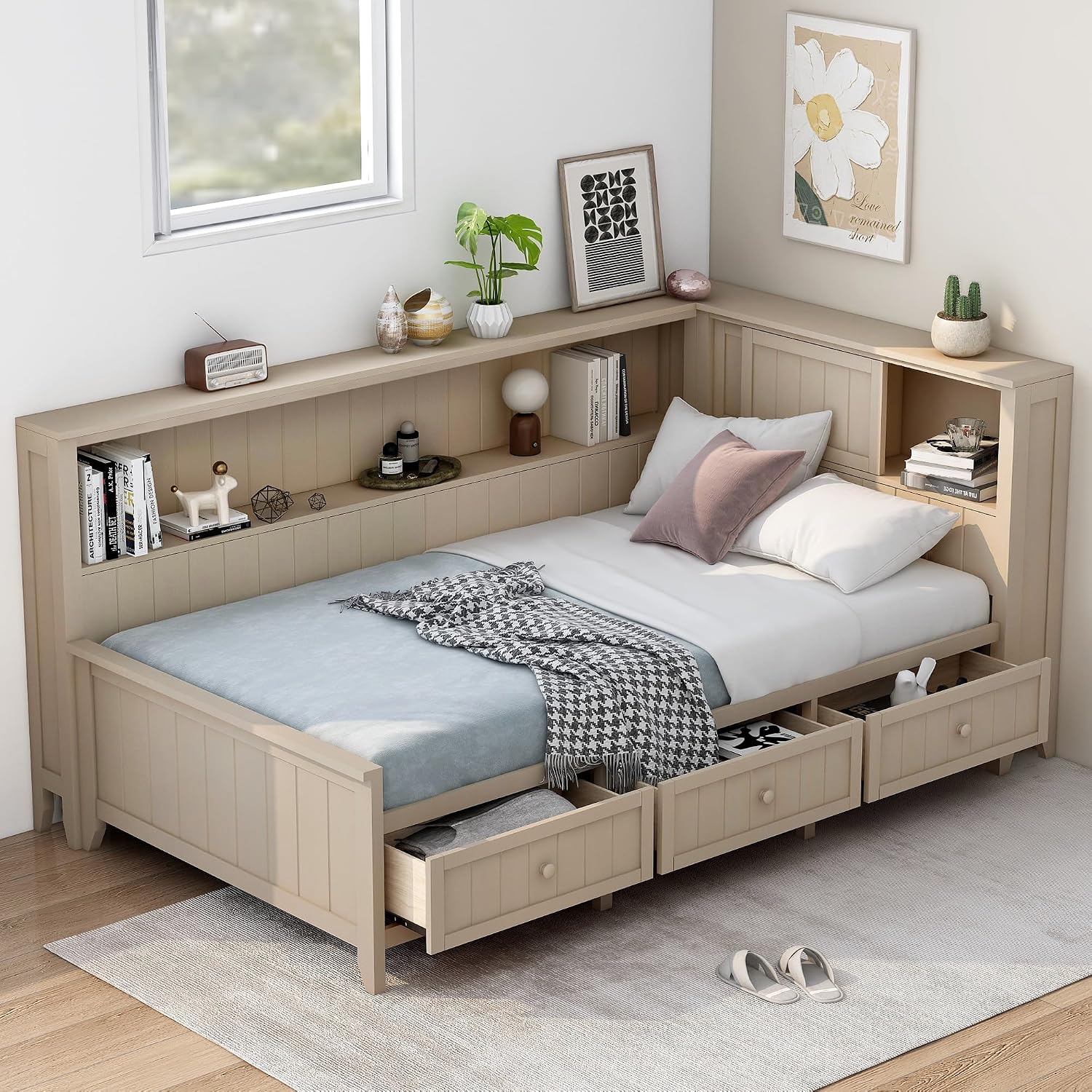 Merax Twin Size Daybed Frame with Storage Drawers and Shelves, Wood Twin Daybed with Headboard for Kids Teens, L-Shaped Corner Bed Twin Size for Guestroom Living Room, Apricot White