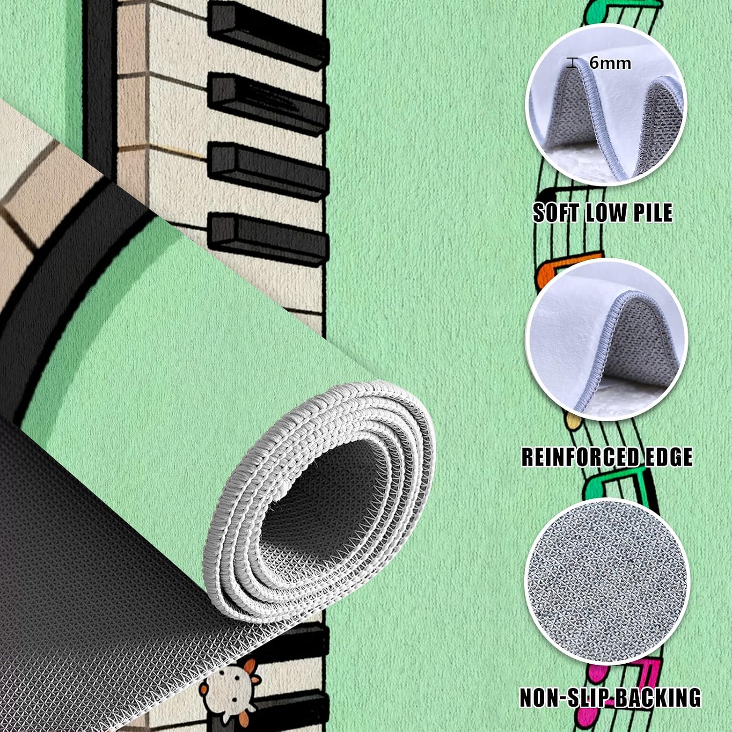 Music Note Area Rug 6x8ft, Piano Keys Sheet Music Rugs for Bedroom Living Room Classroom Nursery Playroom Game Room, Cute Animal Paw Print Carpet Non Slip Washable for Boys Girls