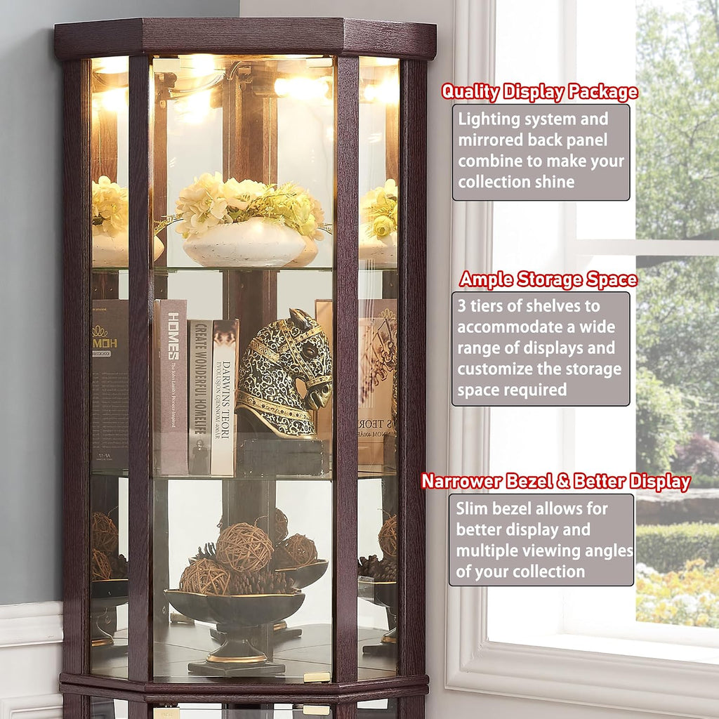 69' H Lighted Corner Display Cabinet, Curio Corner Glass Cabinet w/Adjustable Shelves & Glass Door, 5-Tier Wooden Storage Display Case w/Mirrored Back Pane for Living Room