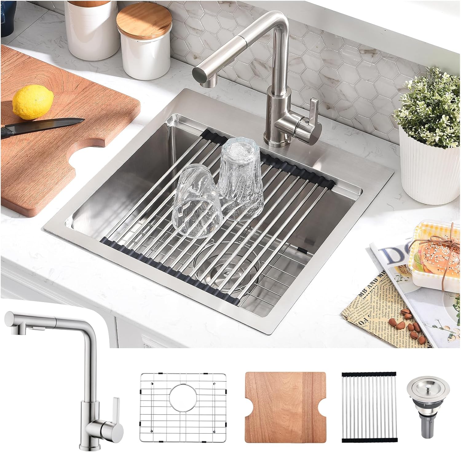 18x18 Drop In Kitchen Sink and Faucet Combo Set - 18 Inch Stainless Steel Small Bar Sink Drop In, 9 Inch Deep Small Single Bowl Kitchen Sinks Workstation with Accessories
