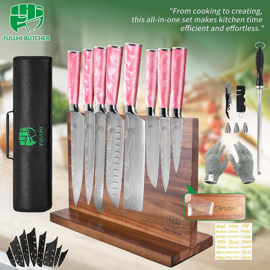 FULLHI 15pcs Japanese Knife Set with Magnetic Knife Block Holder, Stainless Steel Blades, Pink Resin Ergonomic Handles for Professional and Home Cooking
