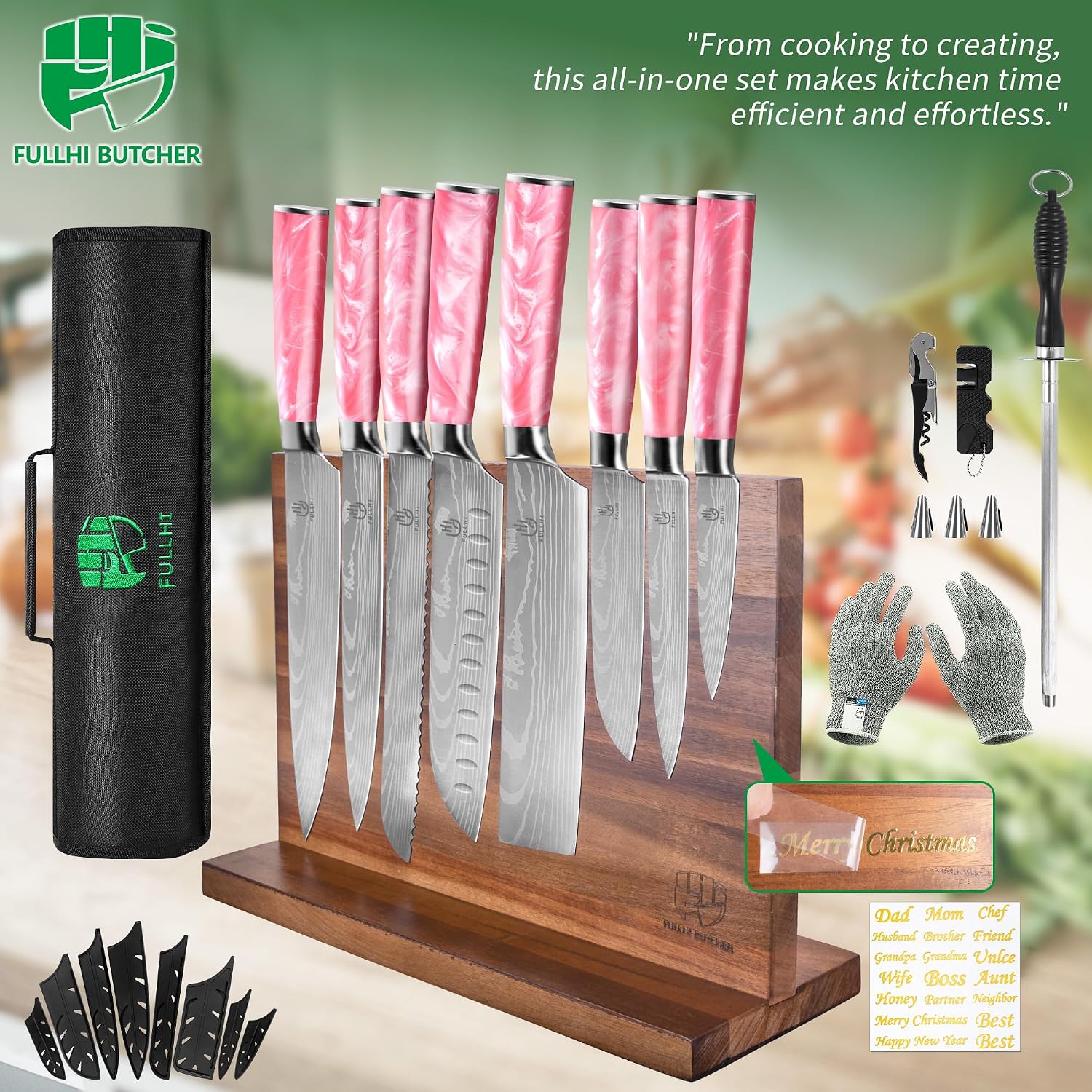 FULLHI 15pcs Japanese Knife Set with Magnetic Knife Block Holder, Stainless Steel Blades, Pink Resin Ergonomic Handles for Professional and Home Cooking