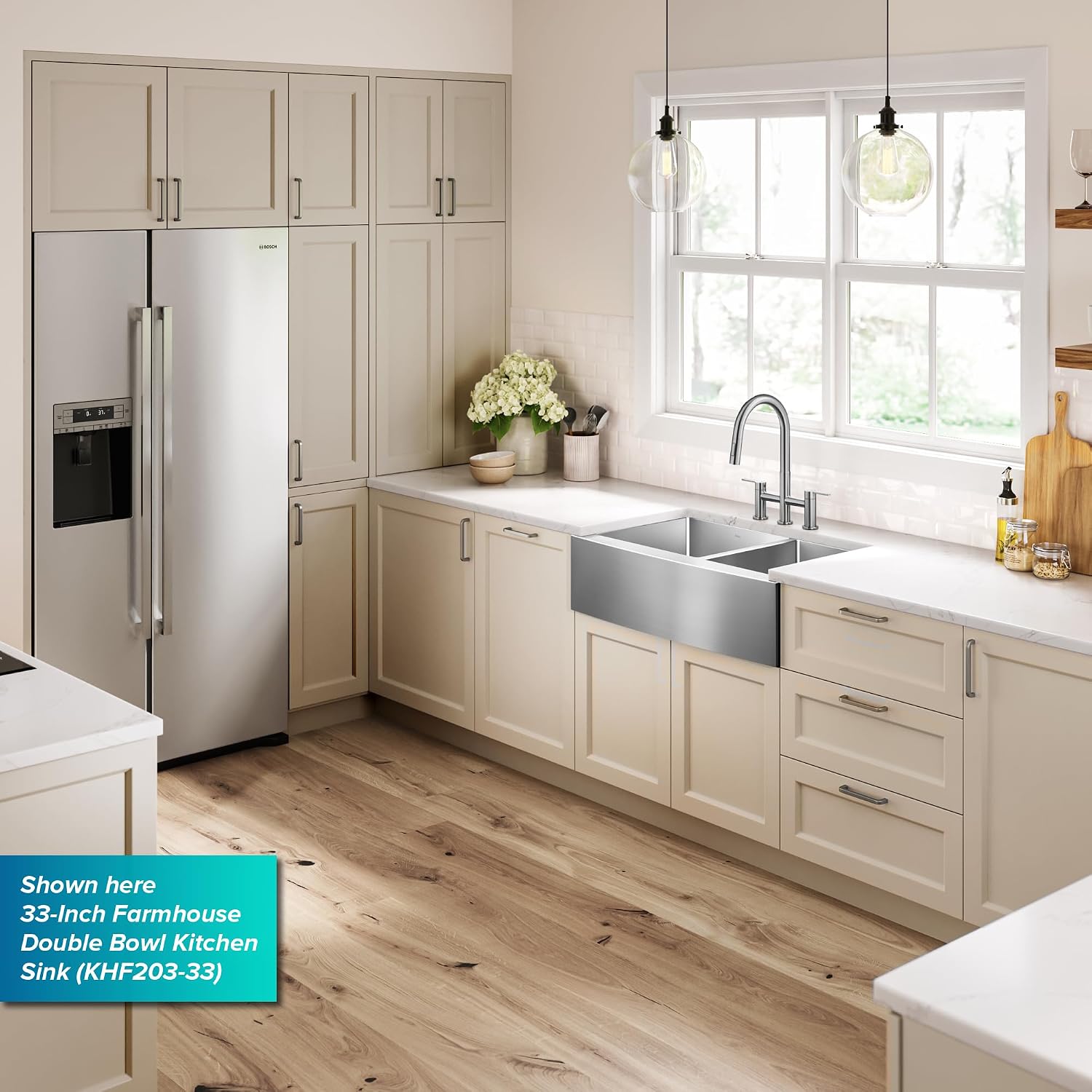 Kraus KHF204-33 Standart PRO Kitchen Stainless Steel Sink, 16 Gauge, 33' Undermount Round Apron 40/60 Double Bowl Kitchen Sink