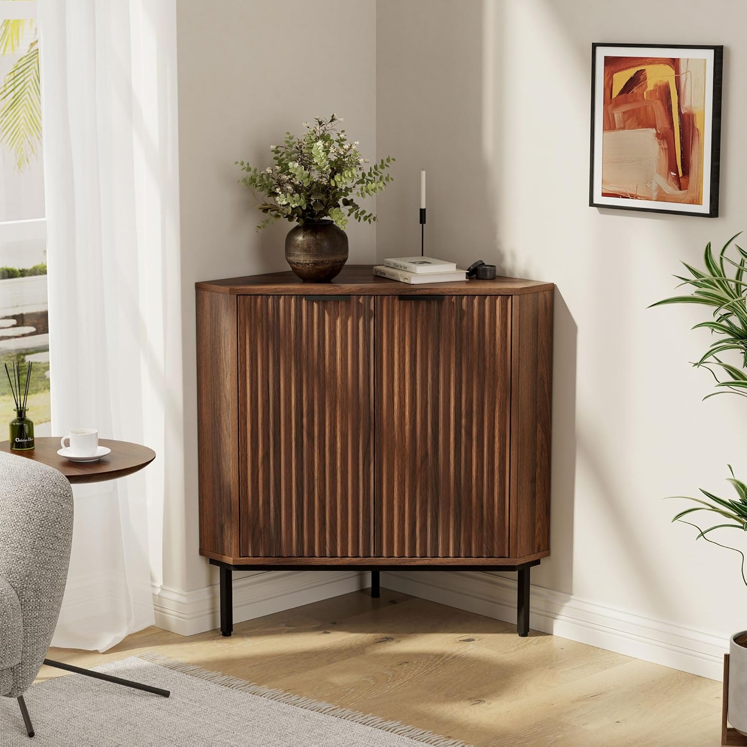 Fluted Corner Cabinet, Modern Small Floor Storage Cabinet with Adjustable Shelf, Wood Freestanding Narrow Organizer for Living Room Kitchen, Brown