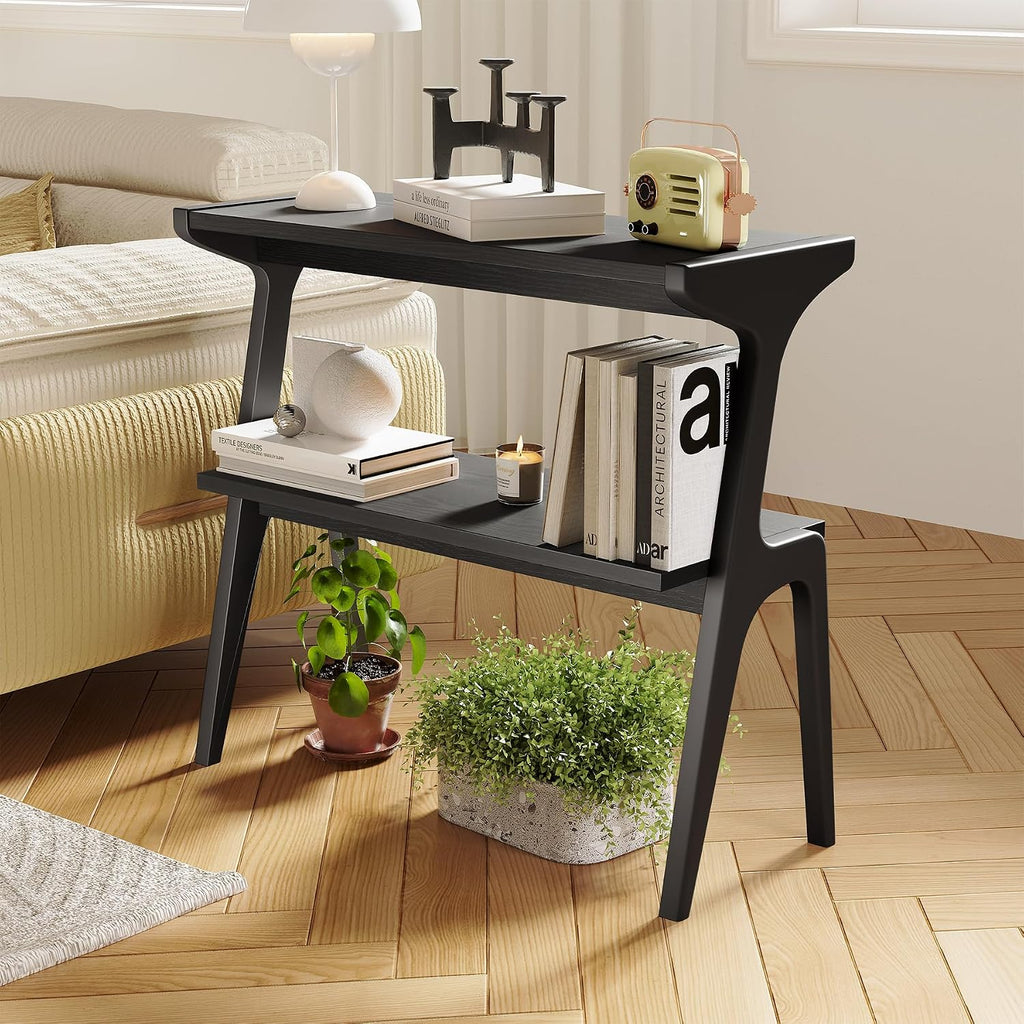 1Easylife Narrow End Table Set of 2, Solid Wood Sofa Side Table with 2-Tier Storage Shelf, Tall Slim Bedside Table Nightstand for Living Room, Bedroom, Black