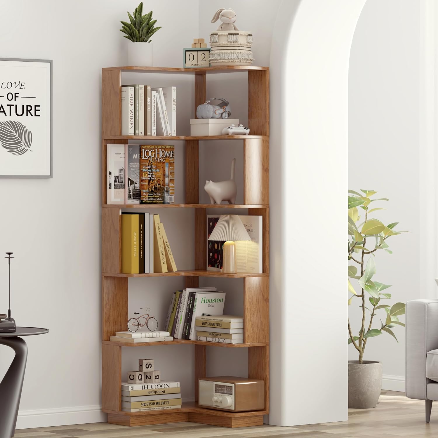 GDFStudio 64.6' Tall L-Shaped Corner Bookshelf, 6-Tier Freestanding Corner Shelf Bookcase with Anti-Drop Panels, Wooden Open Back Display Shelves Organizer for Living Room Bedroom Office, Dark Oak