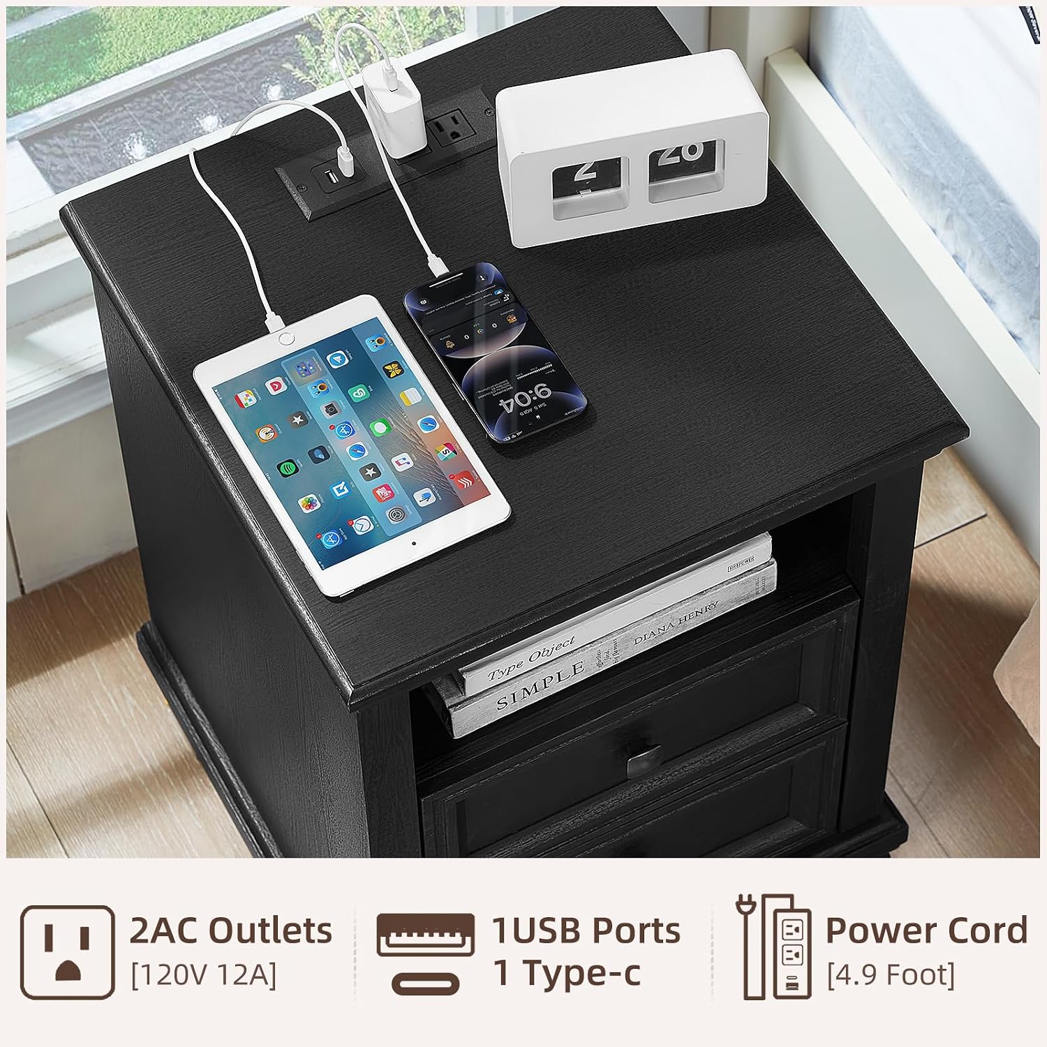 SAVOR LIFE Farmhouse Nightstand Set of 2 with Charging Station, Rustic Black Nightstand with Drawers, Bedside Table with Open Shelf for Bedroom, Black