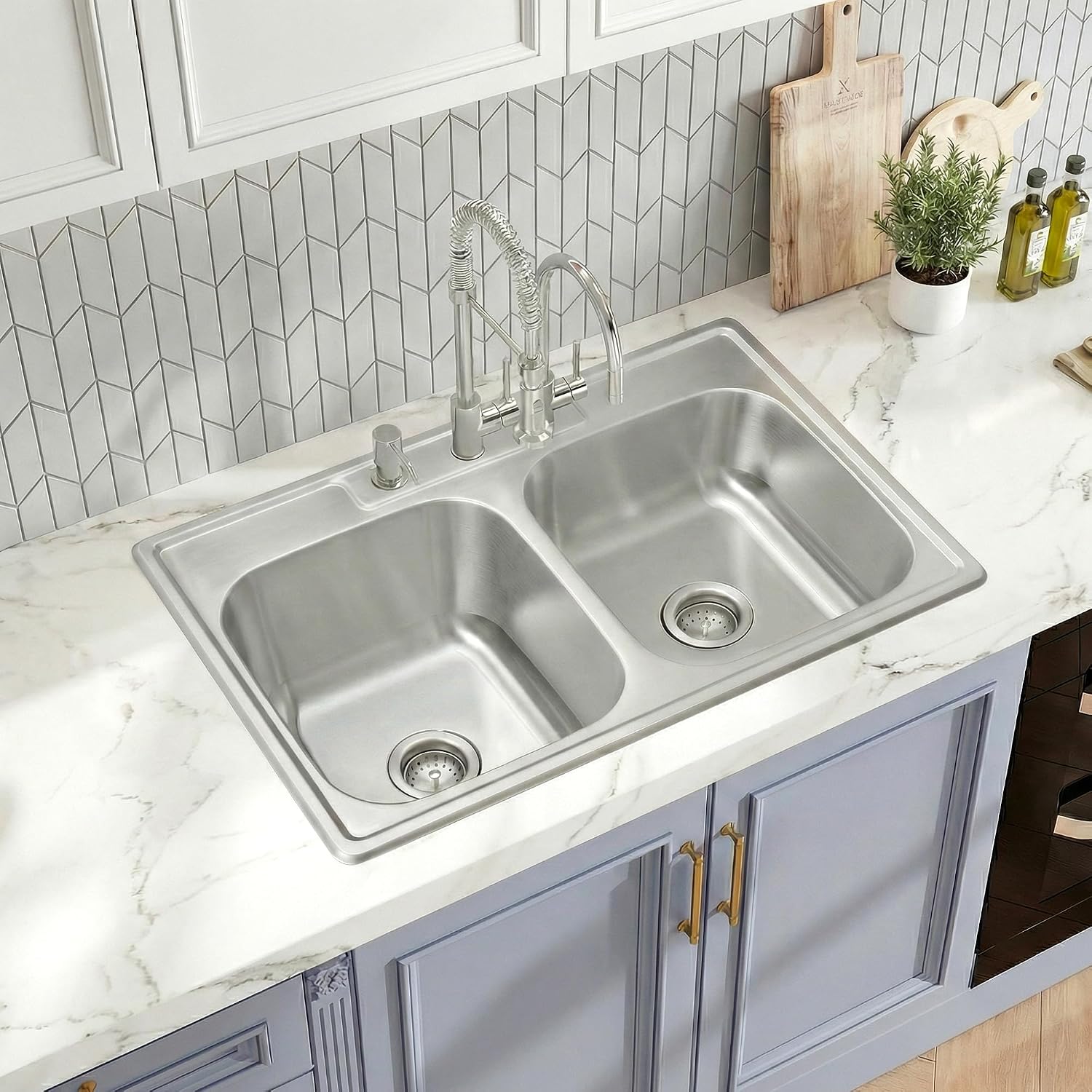 Rhbamoa 33''x22'' Drop In Kitchen Sink,T304 Stainless Steel Sink,50/50 Double Bowl Kitchen Sinks 33 Inch,10'' & 7'' Deep Top Mount Double sinks with 3 Faucet Holes