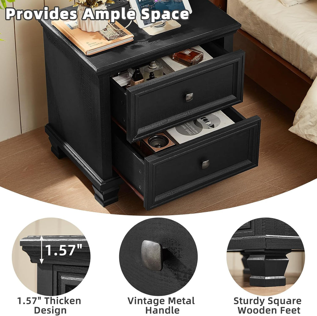 SAVOR LIFE Farmhouse Nightstand with Charging Station, Rustic Low Night Stand with 2 Drawers, Mid-Century Modern End Table with 4 Square Solid Wood Legs, Small Dresser for Bedroom, Home, Black