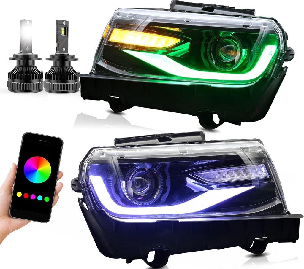 VLAND Headlights w/D2S Fit for 2014 2015 Chevy Camaro 5th Gen, Multicolor Front light with Sequential Turn Signal, W/Dual Beam Lens Dynamic DRL, Plug-n-Play Headlamp
