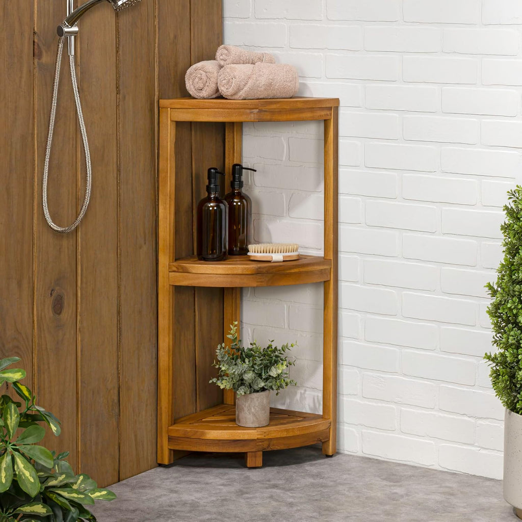 happimess SHF1000A Sela 33' Classic Minimalist 3-Tier Acacia Wood Freestanding Bathroom Corner Shelf, Shower Organizer, Storage Rack for Bath, Office, Kitchen Desktop, Natural