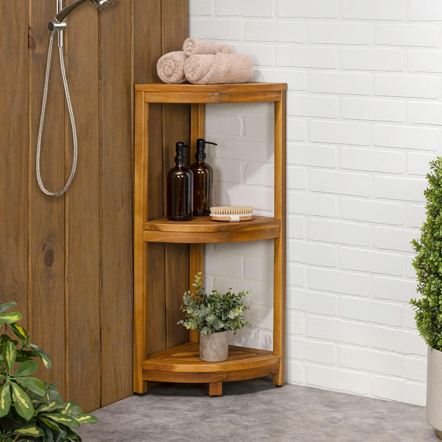 happimess SHF1000A Sela 33' Classic Minimalist 3-Tier Acacia Wood Freestanding Bathroom Corner Shelf, Shower Organizer, Storage Rack for Bath, Office, Kitchen Desktop, Natural