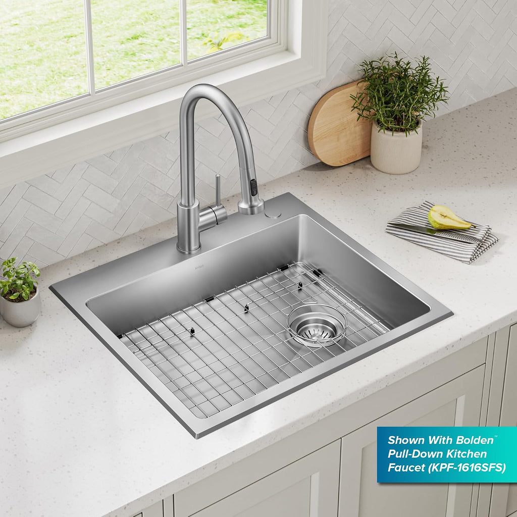 KRAUS Fairlane 25-inch ADA Compliant Drop In/Top Mount Single Bowl 18-Gauge Stainless Steel Kitchen Sink, KHT641-25-5.5